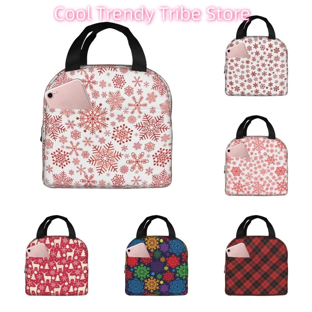 

Christmas Red Snowflakes Lunch Bag Insulated Lunch Box Reusable Thermal Cooler Sack Food Handbags Case Tote Bento Container