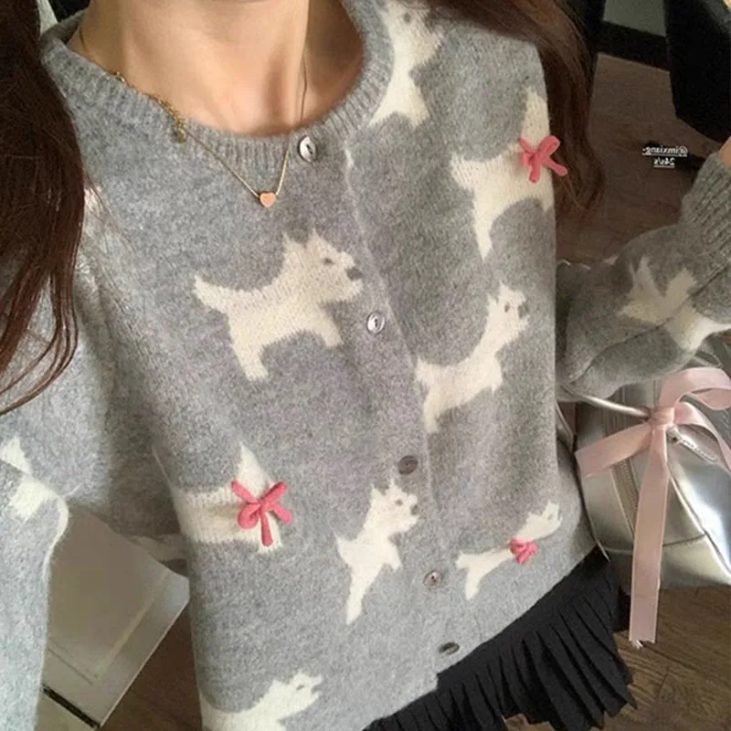 Autumn Winter Fashion Puppy Jacquard O-neck Knitted Cardigan Women Clothing Vintage Chic Bow Loose Commute Sweaters