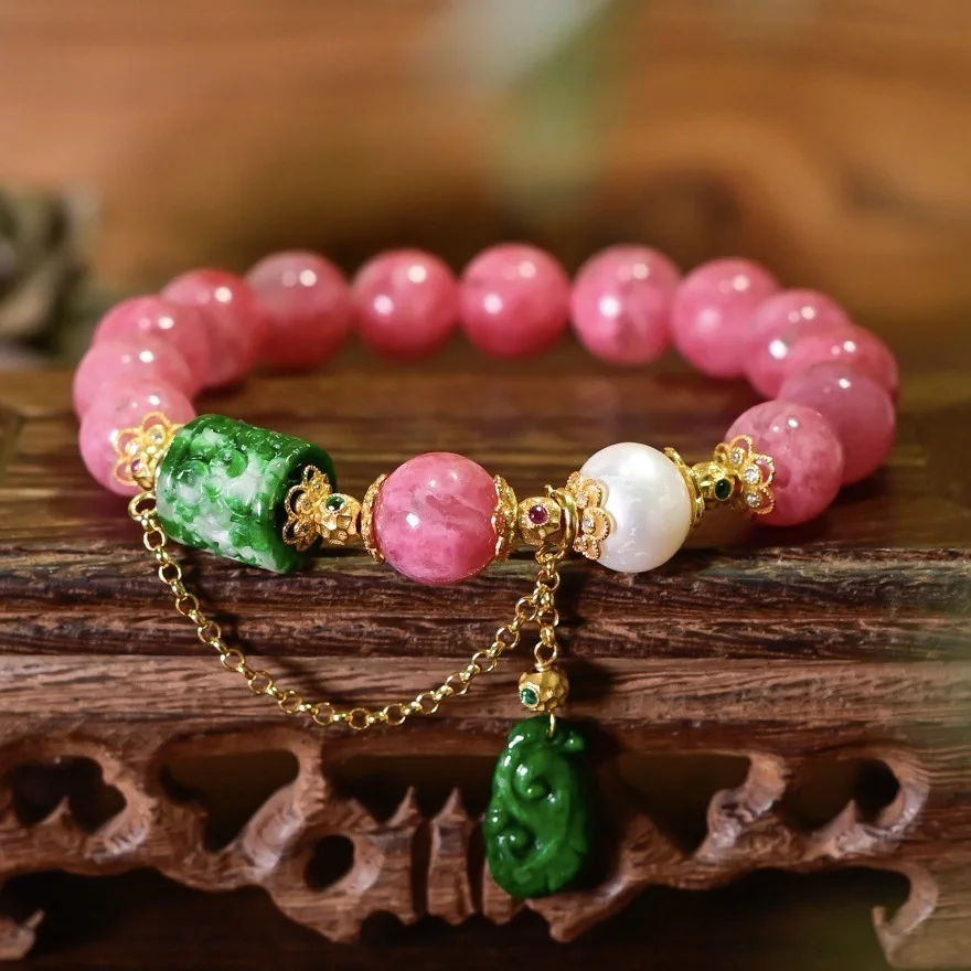 

Браслет из бусин из натурального розового кварца, резной нефритовый кулон Lu Lu Tong & Ruyi с жемчугом, ювелирные изделия из драгоценных камней в китайском стиле, подарок