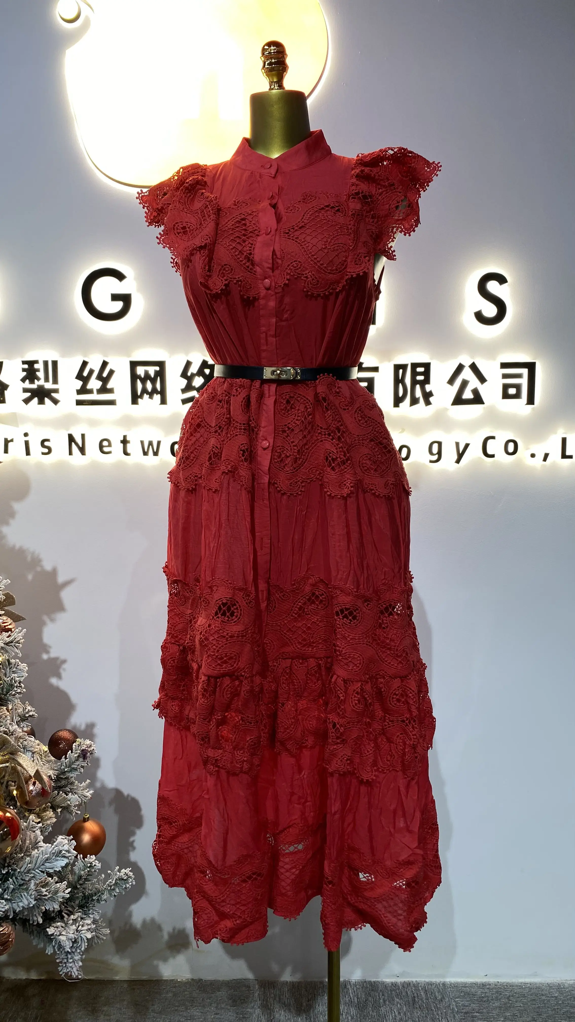 2025 painel de renda vestido de pescoço alto feminino botão até vestido em camadas de luxo feminino elegante dress-GZMM276