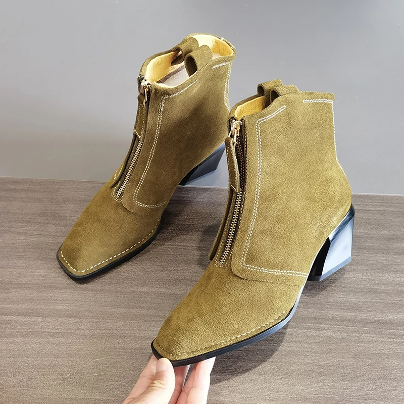 New British Style Female Square Toe Zipper Cow Suede Leather Square Toe Handmade Ankle Boots Lady Fashion Comfortable Footwear