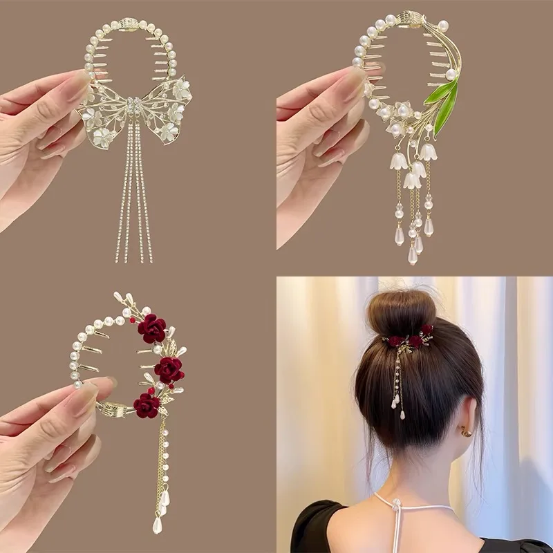 Amxiu Pearl Tassel Rhinestone Hair Clasp Bun Maker Hair Claw For Girls High Ponytail Hair Clip Temperament Hanfu Headdress 2024