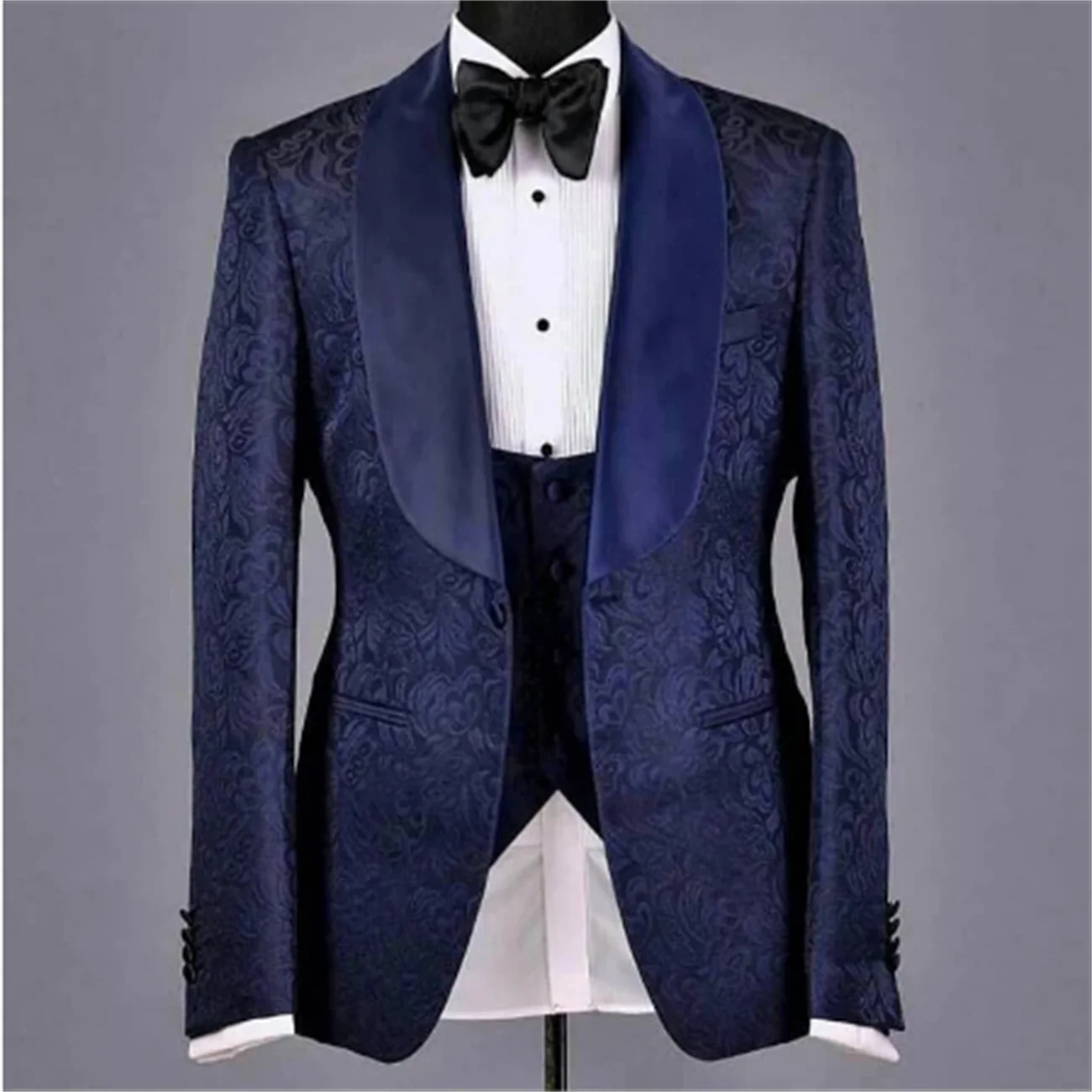 Customized Navy Blue Floral Jacquard Groom Tuxedo for Wedding Slim fit 3 piece Men Suit Jacket Waistcoat with Black Pants Man Fa