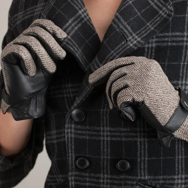 Leather Gloves for Men Winter Woolen Motorcycle Driving 100% Genuine Leather Sheepskin Gloves Full Finger Guantes Outdoor Button
