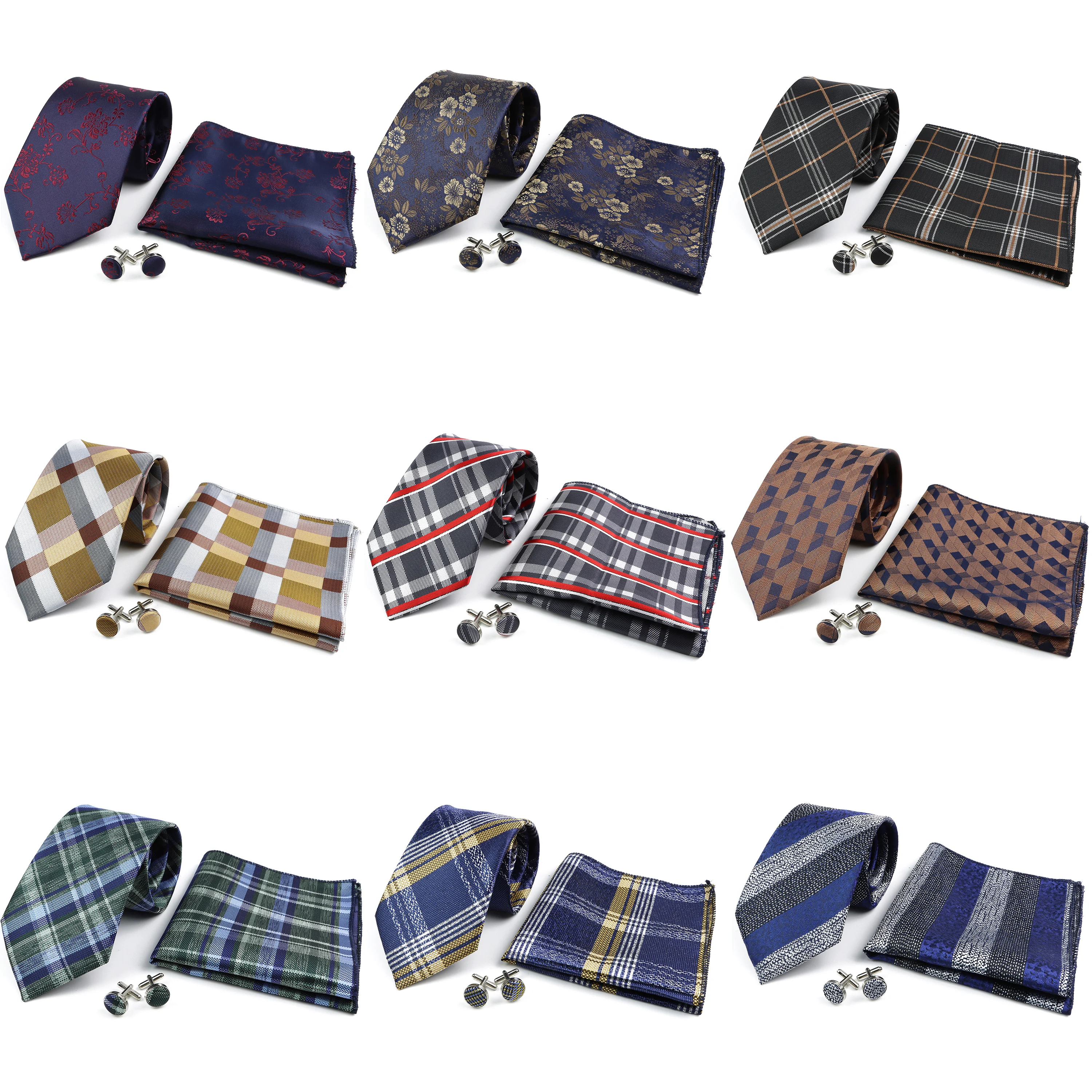 

New Classic Striped Tie Set Blue Plaid Floral Necktie Hankies Cufflinks For Men Business Office Suit Shirt Daily Wear Cravat