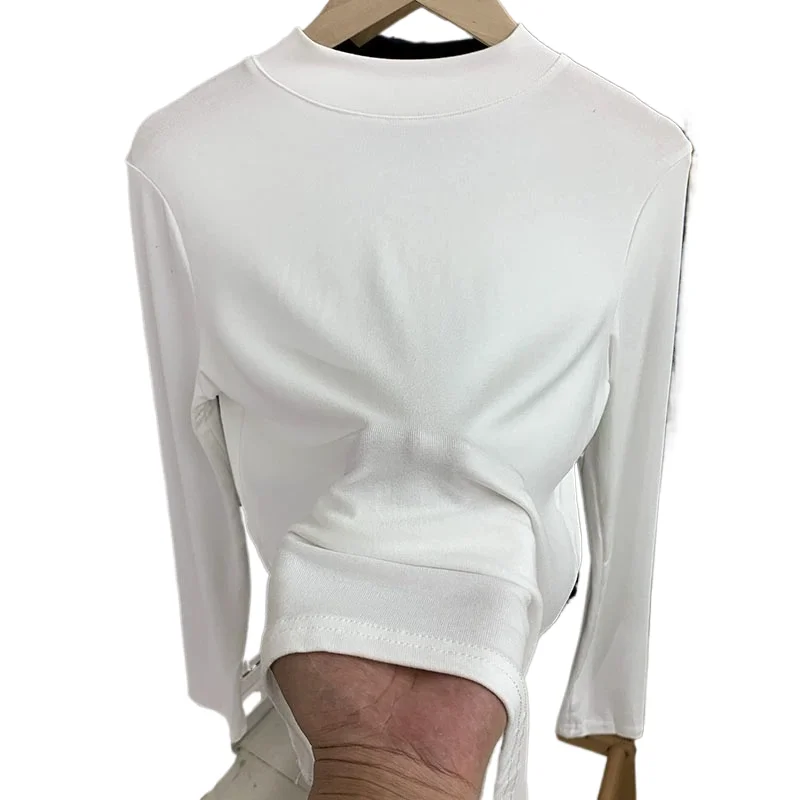 

European Style Standing Collar Solid T-shirt Autumn Winter Long Sleeved Base Shirt Top Women's Versatile Slim Simple Tee