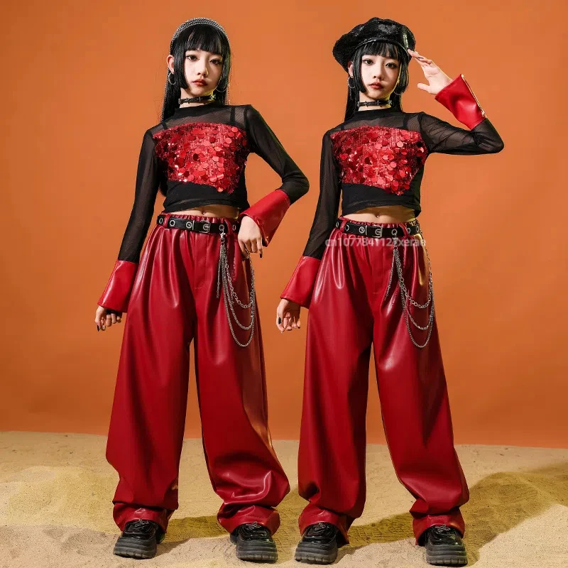 

Jazz Dance Girls' Clothing with Exposed Navel Red Sequins Set, Fashionable Jazz Children's Street Dance Performance Costume