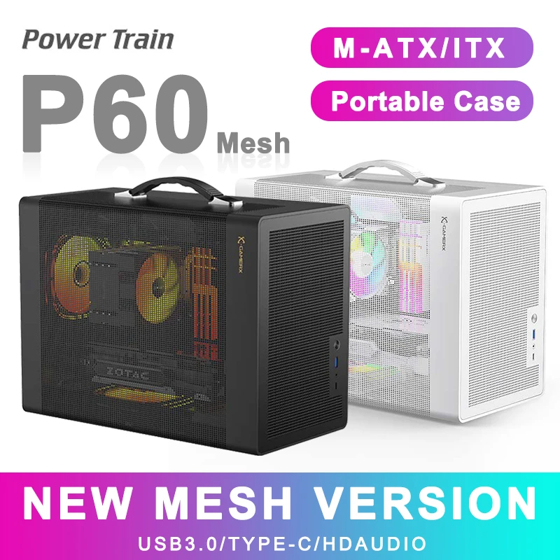 Power Train P60 Mesh Edition Computer Case M-ATX Portable ITX Office Case ATX/SFX Power Supply Support Type-C Desktop Chassis