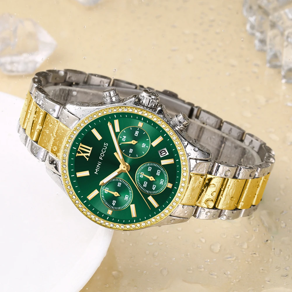 MINI FOCUS Green Dial Watch for Women with Diamonds Luxury Stainless Steel Gold Bracelet Watch 0617L