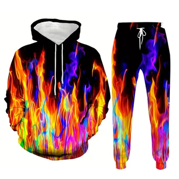 ชุดสูทมีฮู้ดพิมพ์ลาย3D เปลวไฟสดใสสำหรับผู้ชายชุดวอร์มกางเกงแฟชั่นลำลอง2ชิ้นสำหรับฤดูใบไม้ร่วง