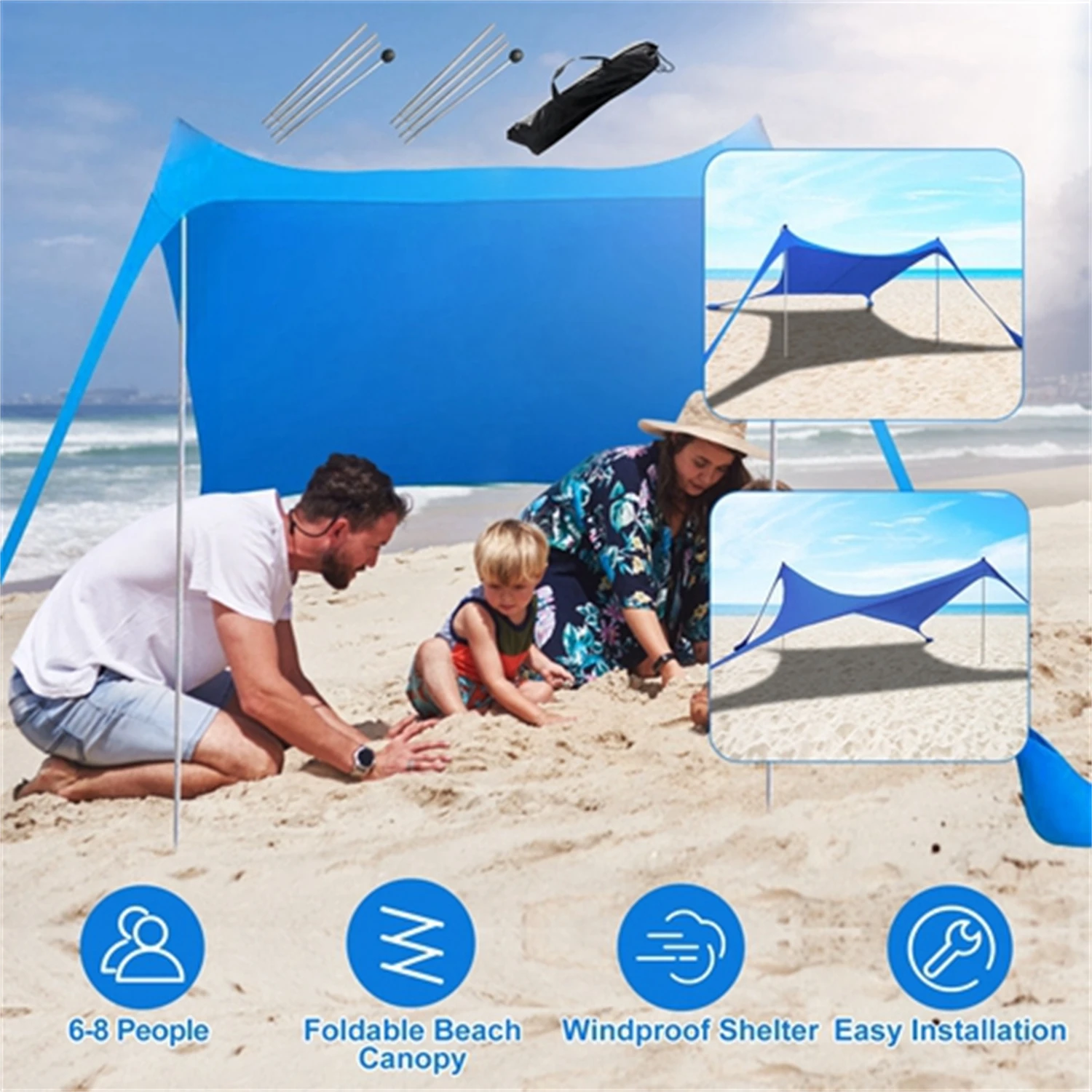 6.5x6.5FT Foldable Beach Canopy Tent Collapsible Shade Sail Sun Protection Windproof Shelter 4 Sandbag 2 Pole Portable Storage B