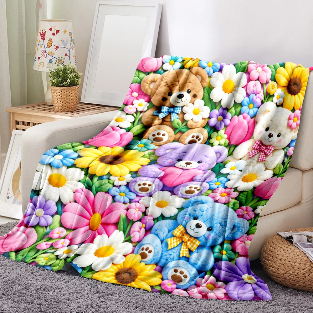 1PC cute bear and colorful flower print blanket-made of soft and fluffy flannel, perfect for bed or sofa. Home decoration, holid