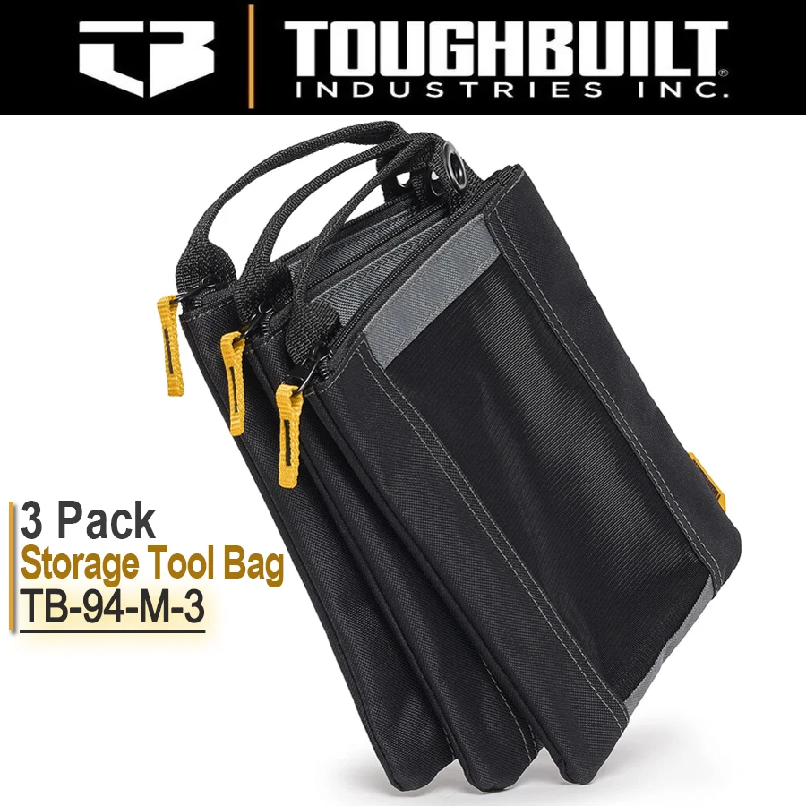 ToughBuilt TB-94-M-3 Fastener Bag - Heavy Duty Mesh Window-Hanging Grommets-3 Pack Multifunctional Storage Tool Bag