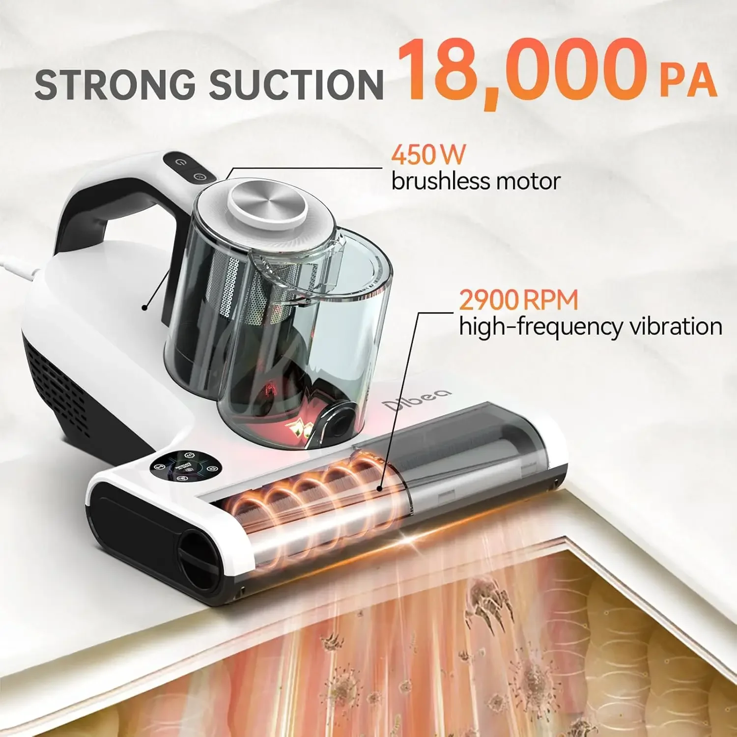 เครื่องดูดฝุ่นที่นอน, เครื่องดูดฝุ่นเตียงเบาะ, แรงดูด 18KPa, 140 ℉   เครื่องทําความร้อน, เซ็นเซอร์กันฝุ่นอัจฉริยะ, HEPA F แบบล้างทําความสะอาดได้