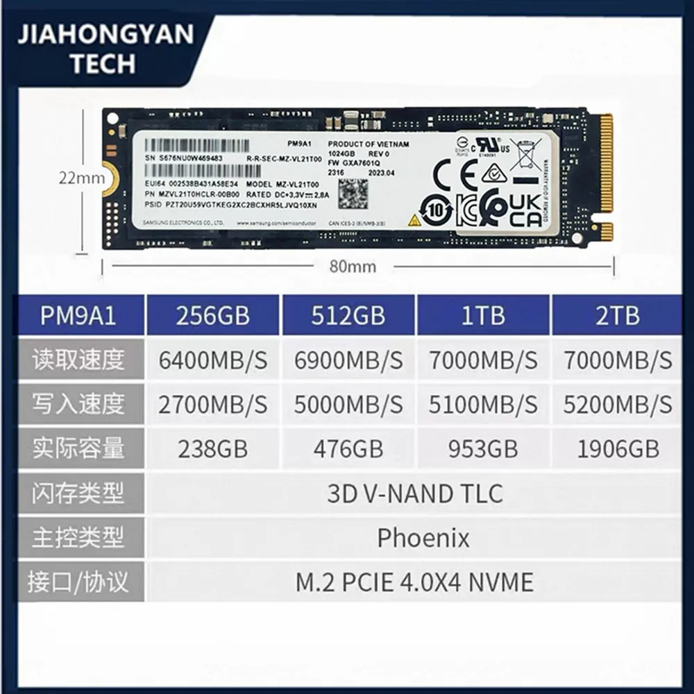 Original For Samsung PM9A1 PM9A1a 512G 1TB 2TB M.2 2280 NVME PCIe