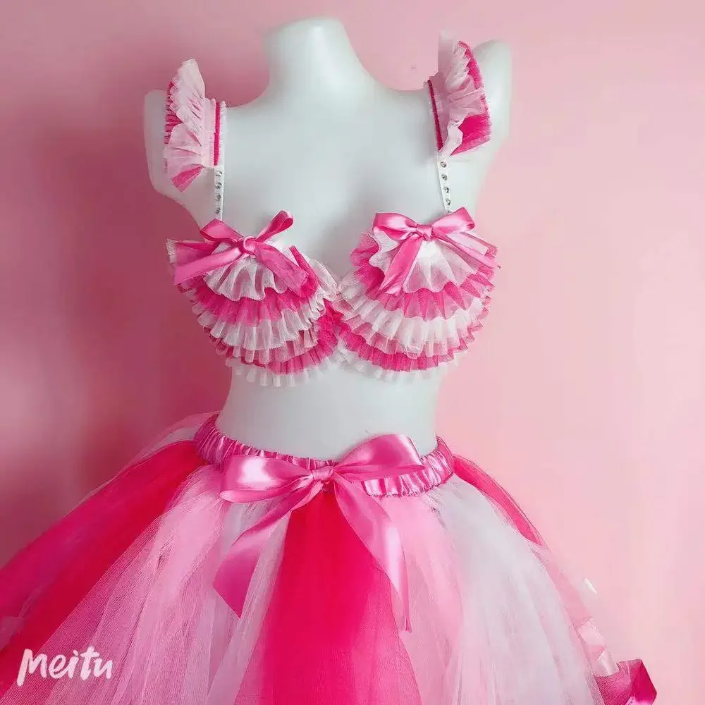 Feminino rosa biquíni mini saia conjunto sexy equipe de dança gogo outfit bar boate festa palco wear dançarino cantor desempenho traje b