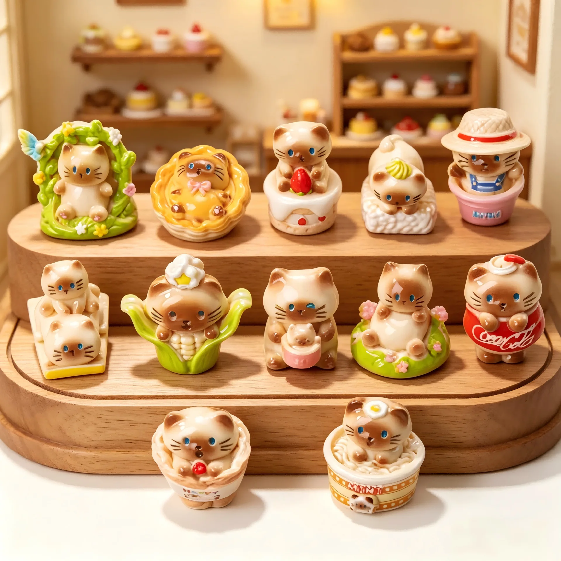 12pcs/set Siamese Cat Figures Food Theme Kitten Resin Figurines Desk Ornament Home Decor Miniature Toy Gift