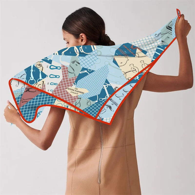 Silk Scarf Women Geometric Saddle Square Scarves Head Echarpes Silk Foulards Femme Wraps Beach Shawls Bandana Lady Hijabs 90CM