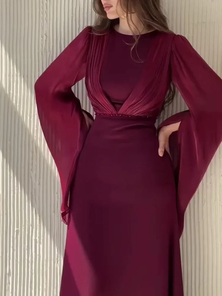 우아한 레이스업 허리 솔리드 새틴 이브닝 드레스 여성 패션 스플라이싱 드레이프 롱 드레스 캐주얼 O넥 긴팔 파티 드레스