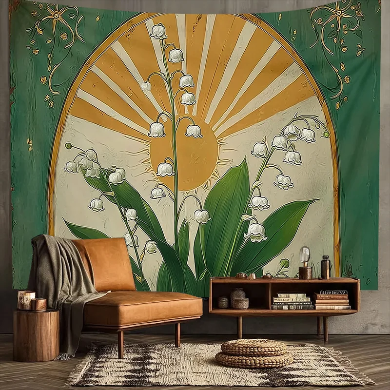 Boho Tropical Floral Sunburst Tapestry Wall Hanging Greenery Art Decor for Living Room Bedroom Boho Chic