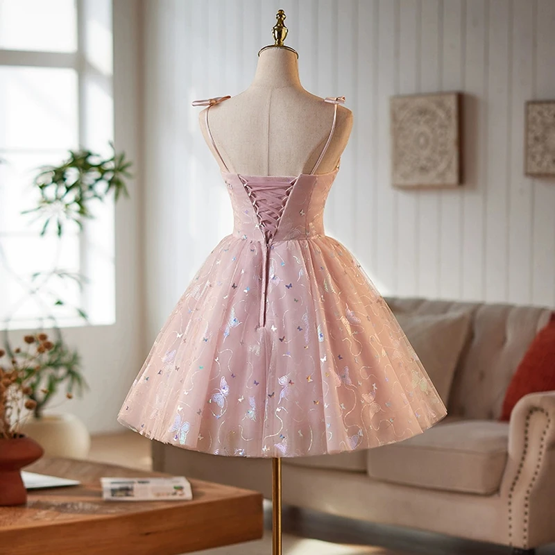 AnXin SH księżniczka różowa koronkowa kokardka spaghetti pasek frezowanie świecący motyl krótka dostosowana suknia wieczorowa mała biała sukienka