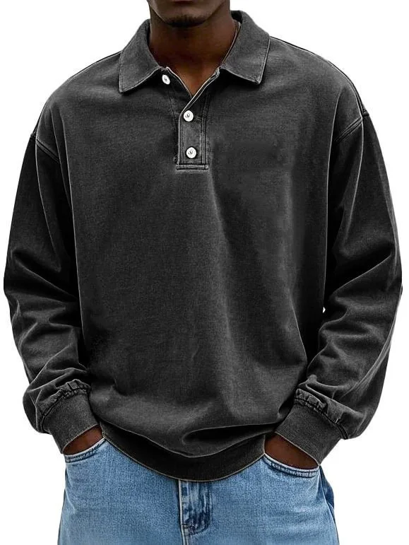 

2026 New Men's Long-sleeved POLO Shirt Pullover Washing Water Old T-shirt