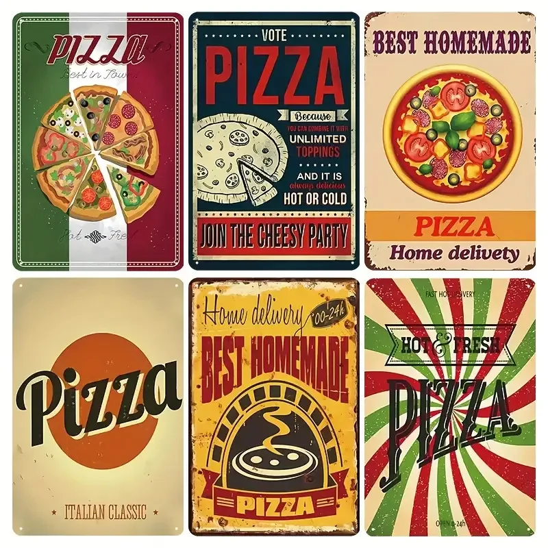 [ ]6pcs Pizza Metal Sign Set - Vintage Wall-Mounted Iron Art Decor, Waterproof, Pre-Drilled Holes for Easy Installation, 20.32X3