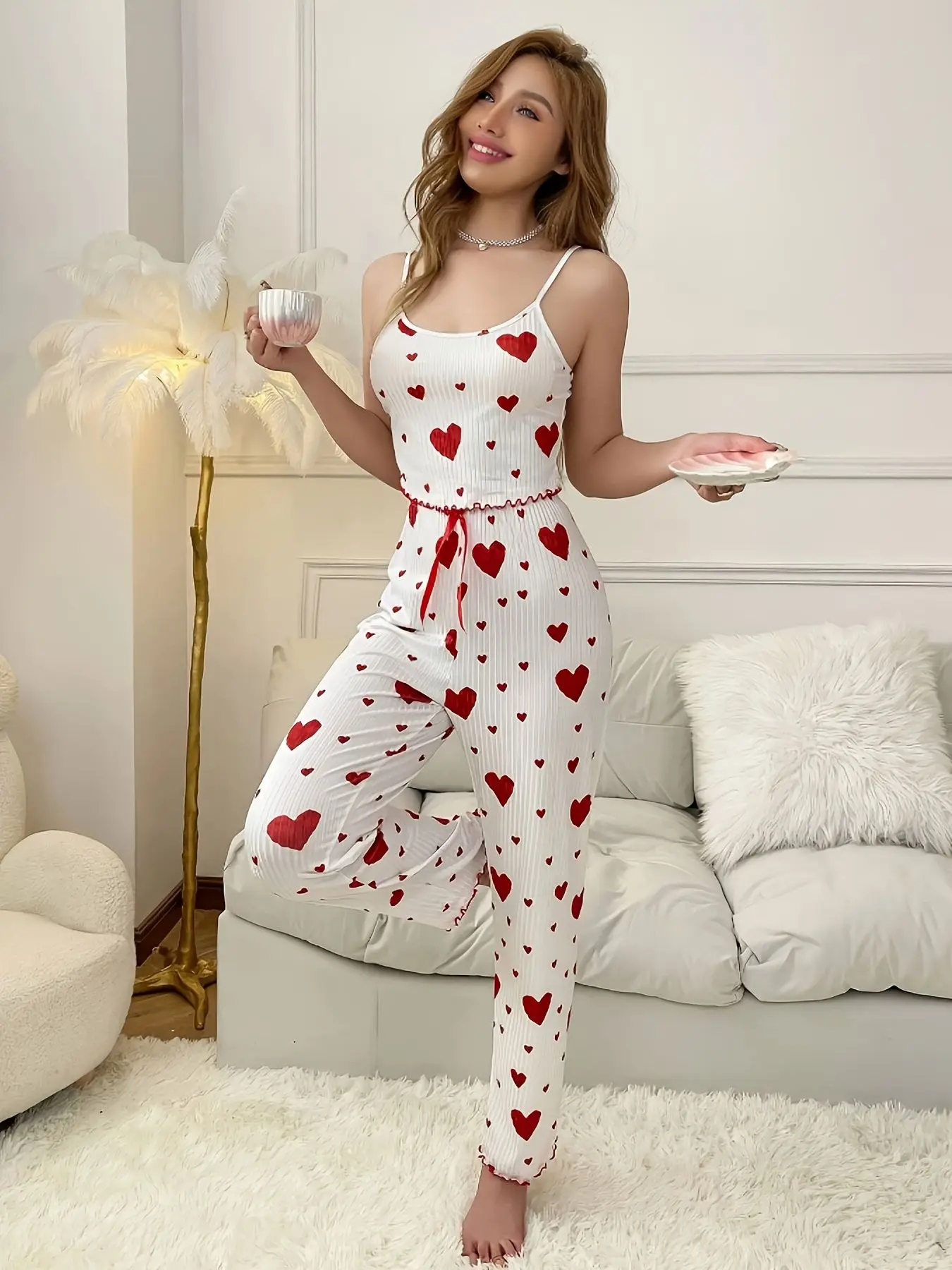 Women's Summer Sleepwear Casual Heart Pattern Red Ruffle Camisole + Red Heart Print Long Pants Pajamas Set image 3