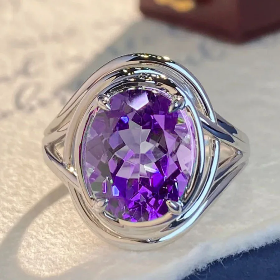 925 Silver Jewelry Natural AmethystResizable Rings Fine Accessories for Wedding Engagement Party for Girlfriend&Wife Gift