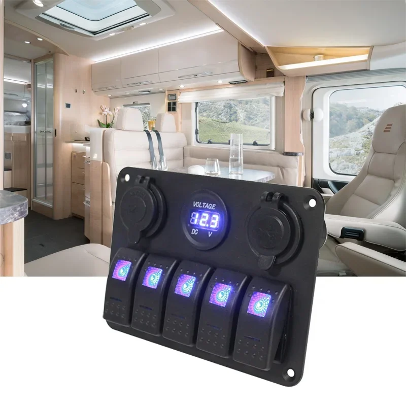 Hot sale TYTXRV High Quality 5 Gang Control Switch Panel 12V-24V ABS Waterproof RV Caravan Marine Blue LED Rocker Switch factory