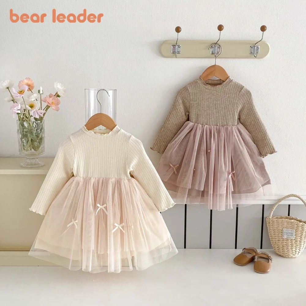 

Осенние однотонные повседневные платья Bear Leader для маленьких девочек, сетчатое платье принцессы с украшением в виде банта, милая милая детская одежда