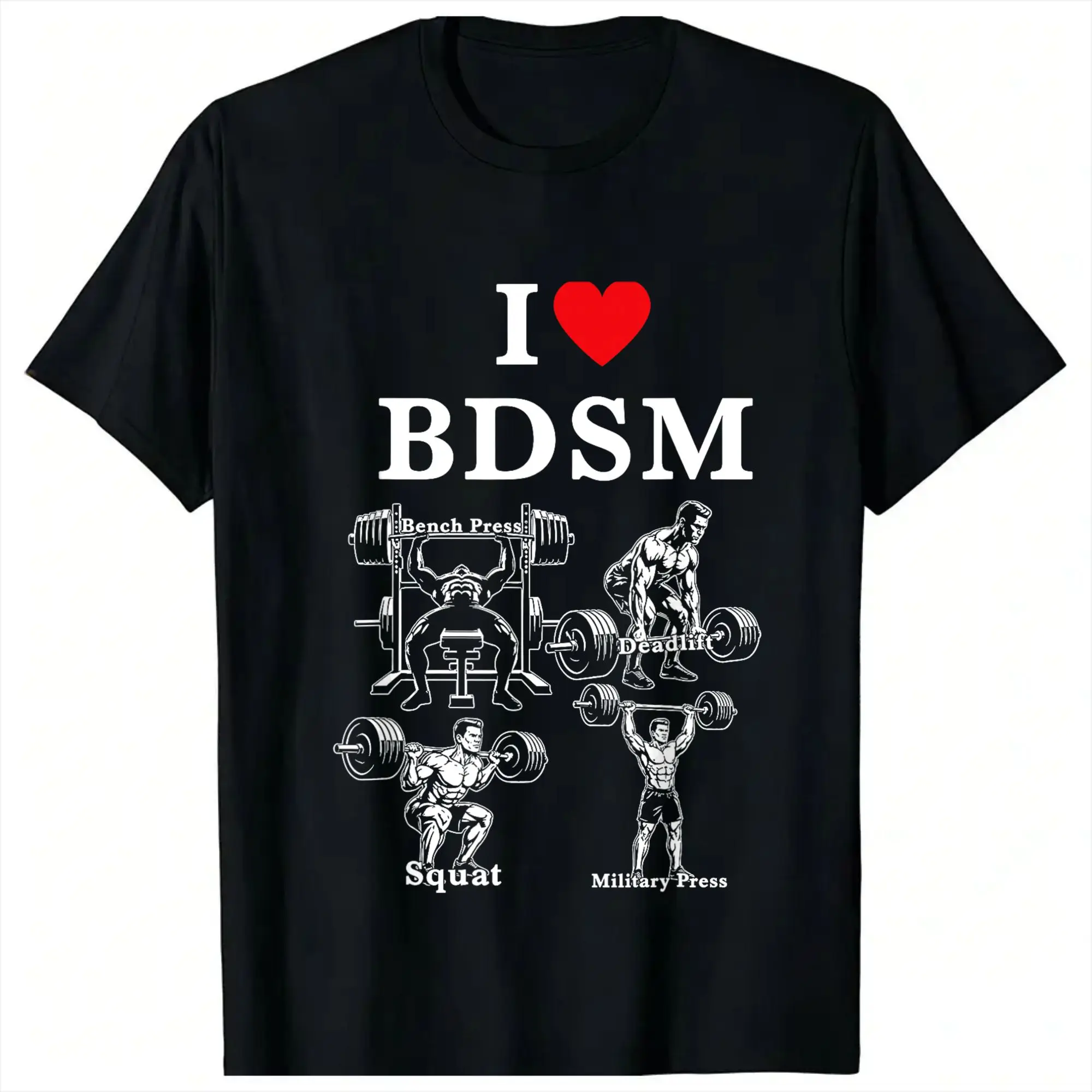 Herren-T-Shirt „I Love BDSM Bench Press Deadlift Squats Military Press“ mit kurzen Ärmeln und Rundhalsausschnitt – Detail 1