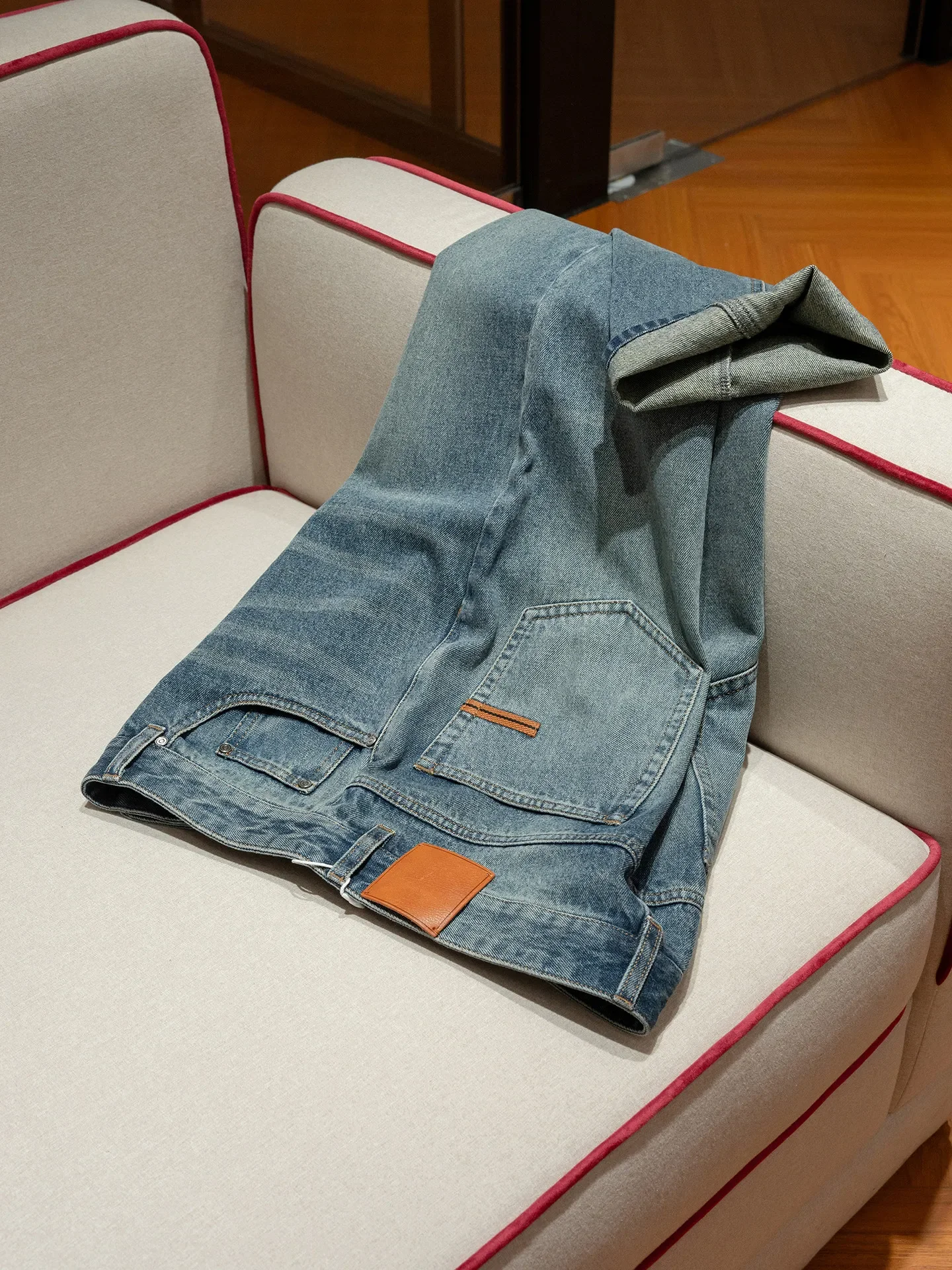 [Turkish fabric] 12oz laser washed vintage high-end men's denim loose straight jeans