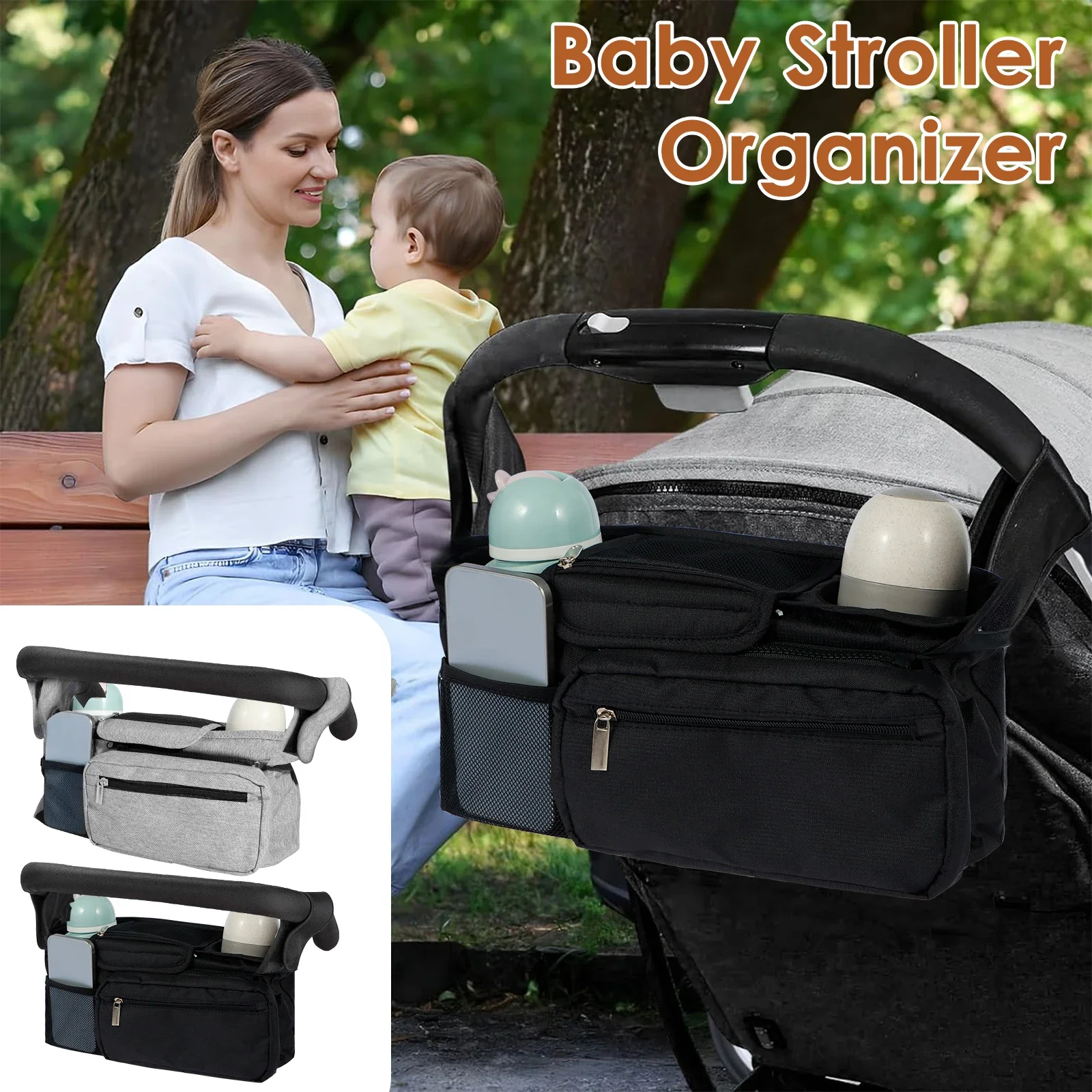 Baby Stroller Organizer with 2 Cup Holder Waterproof Oxford Stroller Caddy Organizer with Detachable Pocket Adjustable Shoulder