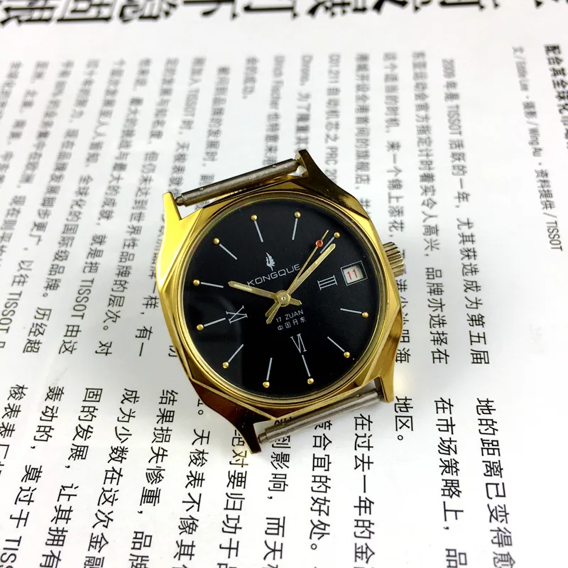 [Guangguang Shop] Liaoning Watch Factory, Peacock Brand Single Calendar Mechanical Watch, Yellow Shell Black Surface, Free Strap - view 3