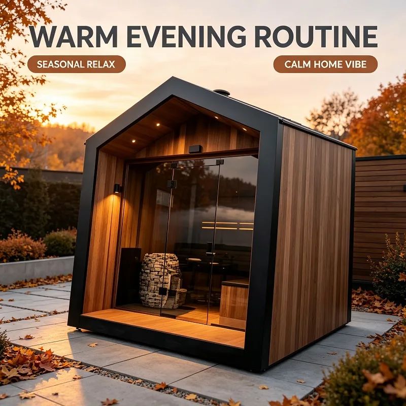 Outdoor Gable Sauna Cabin, Low EMF Far Infrared Solid Wood 4‑6 Person Panoramic Glass for Backyard Villa Garden Wellness Center