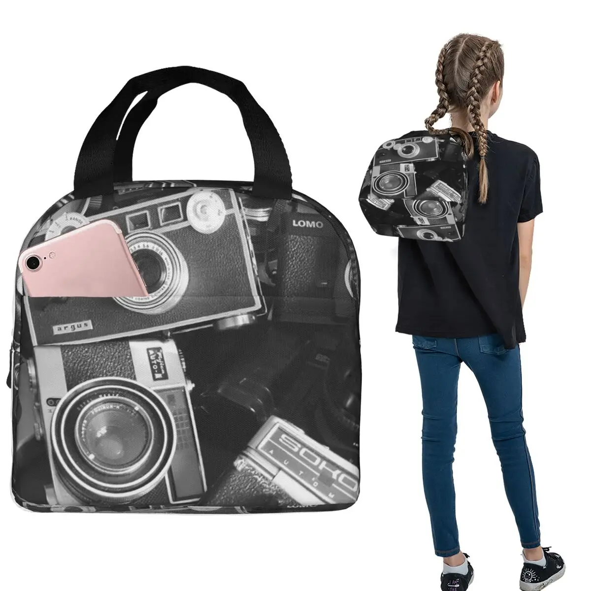 

Retro Cool Camera Collection Insulated Lunch Bag for Women Children Leakproof Food Boxes Thermal Lunch Box Tote