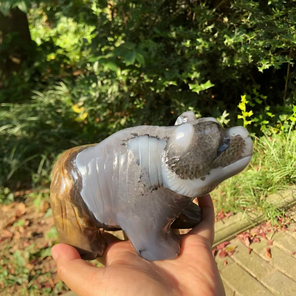 Natural 15cm Volcanic Agate Bear Animal Carving Healing Stone Cartoon Mineral Ornament Polished Home Decor