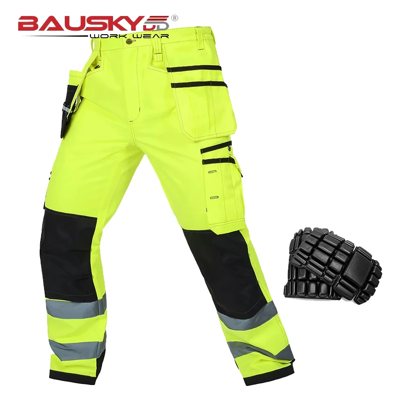 Bauskydd Mens Male Durable Workwear Multi-pocket Reflective Trousers with Knee Pads for Work Safety Working Pants