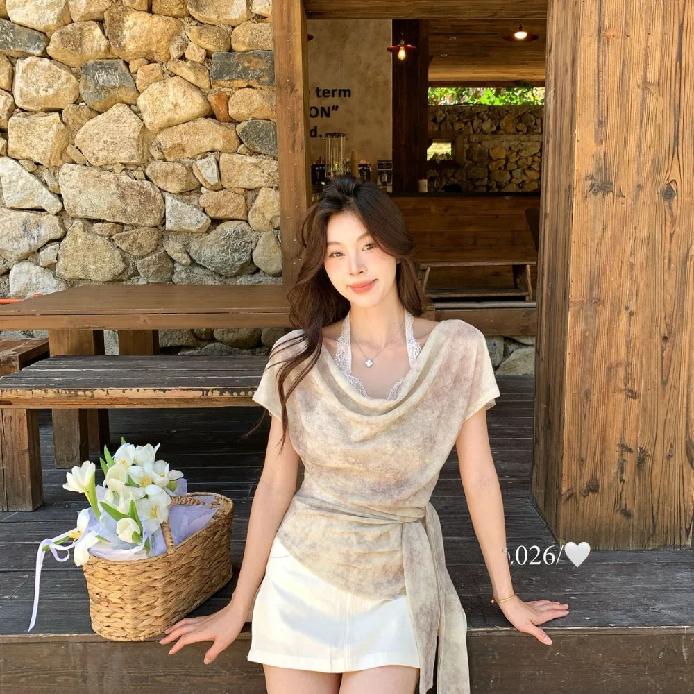 Tie-Dye Lace Halter Neck Short Sleeve Women's T-Shirt Elegant Minimalist Style Home Daily Wear Summer Fashion Ladies' Top