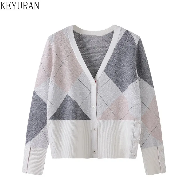 Coreano argyle malha cardigan feminino 2025 primavera outono nova manga longa em torno do pescoço solto camisola jaqueta versátil malhas topos
