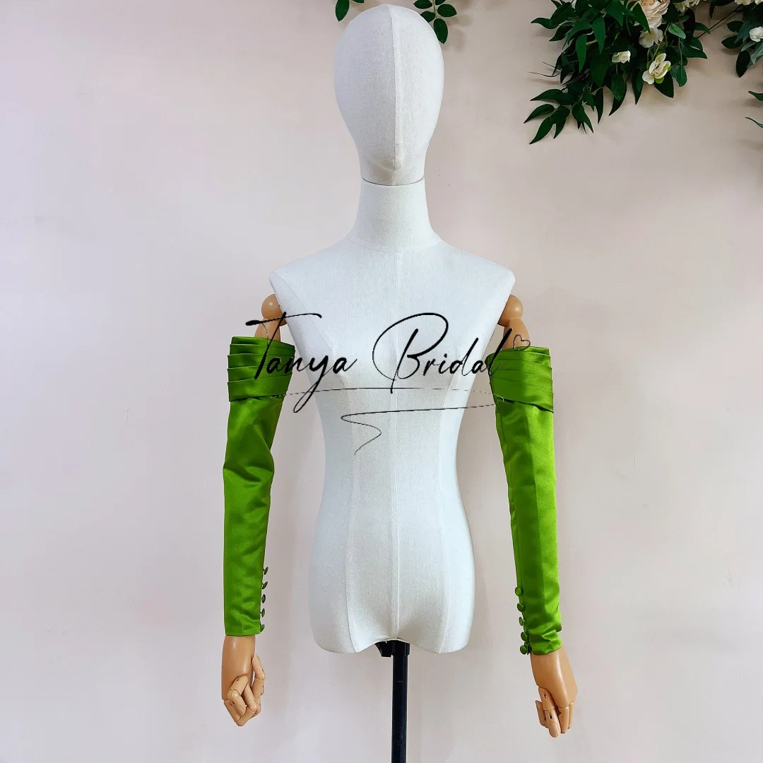 Sage Green Detachable Draped Bridal Sleeves Slim Fit Elegant Satin  Brides Accessory with Buttons