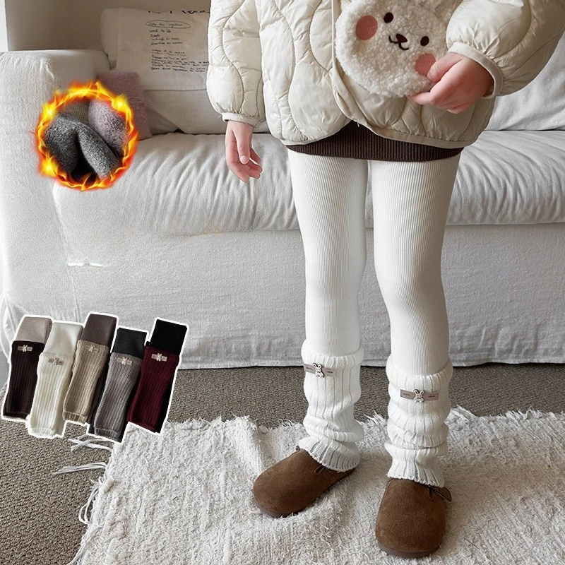 

Kids fleece thickened girls leggings vertical strip rabbit socks cover splicing children's pantyhose combed cotton warm