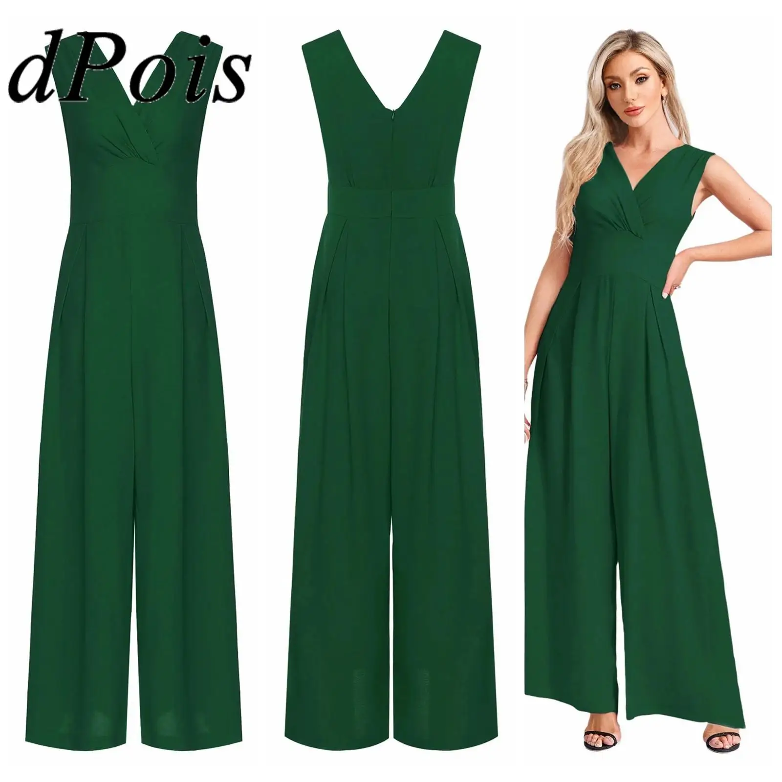 

Женский модный элегантный утягивающий комбинезон без рукавов с v-образным вырезом и высокой талией, прямой широкий комбинезон, летний наряд для вечеринки, банкета, театрализованного представления