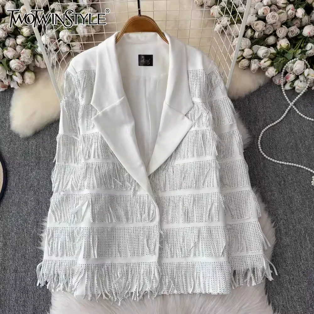 

TWOTWINSTYLE High Street Spliced Tassel Blazer For Women Notched Collar Long Sleeve Temperament Coats Female Fashion KJA523884