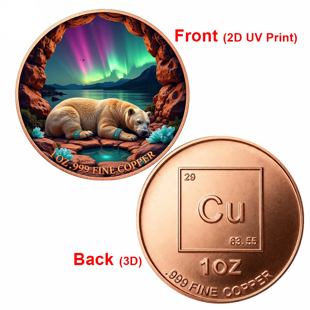 1pc 1oz .999 Fine Copper Sleeping Polar Bear Challenge Coin Magical Aurora Cave Wildlife Collectible Coin Gift for Nature Lovers