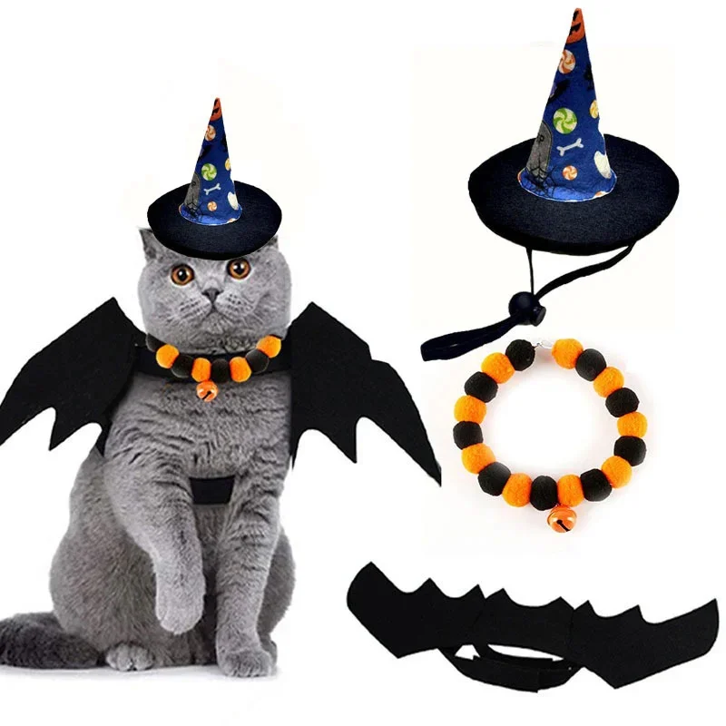 Halloween Pet Cat Dog Costume Hat Collar Bat Wings Cute Witch Cap Cosplay Clothes Puppy Party Dress Up Accessories Supplies