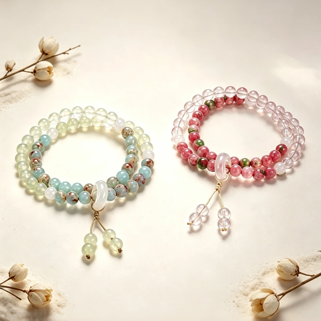 Women Double Loop Beaded Bracelet Shoushan Stone New Mountain Jade Pink Crystal Rainbow Stone Slide Ring Tassel Pendant Jewelry