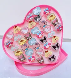 36Pcs Set Sanrio Hello Kitty Kid Ring Kids Kuromi Adjustable Baby Rings Cartoon Children Girl Rings with Heart Box Party Gift