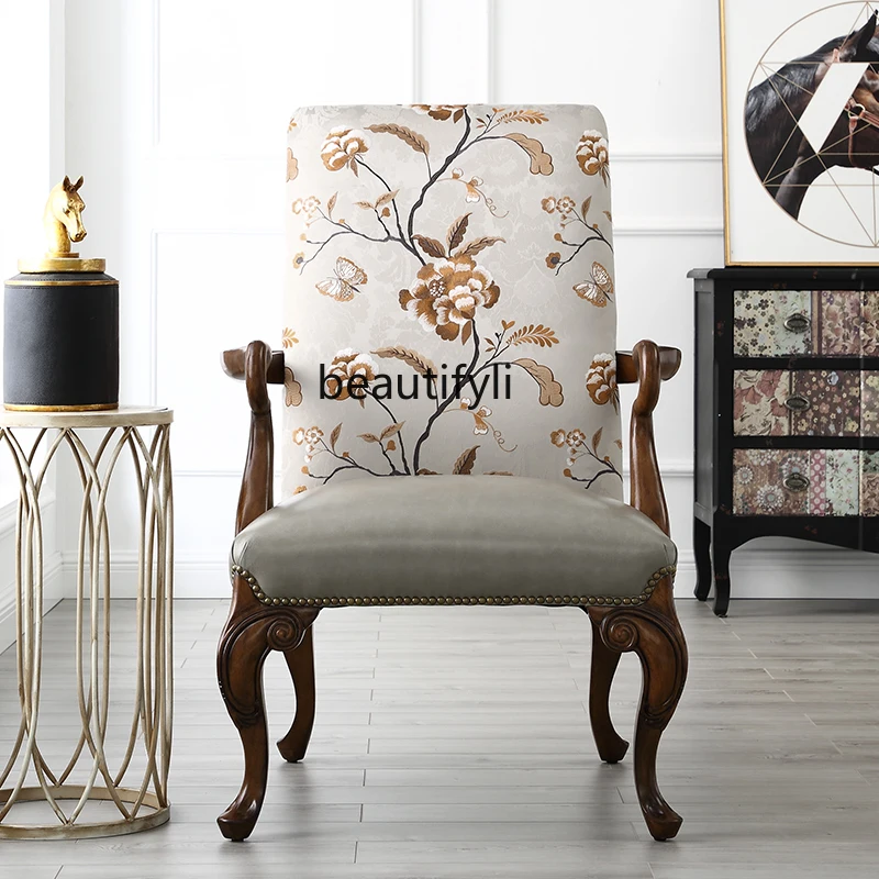 

American solid wood sofa chair American light luxury tiger chair casual leather fabric lazy high back chair